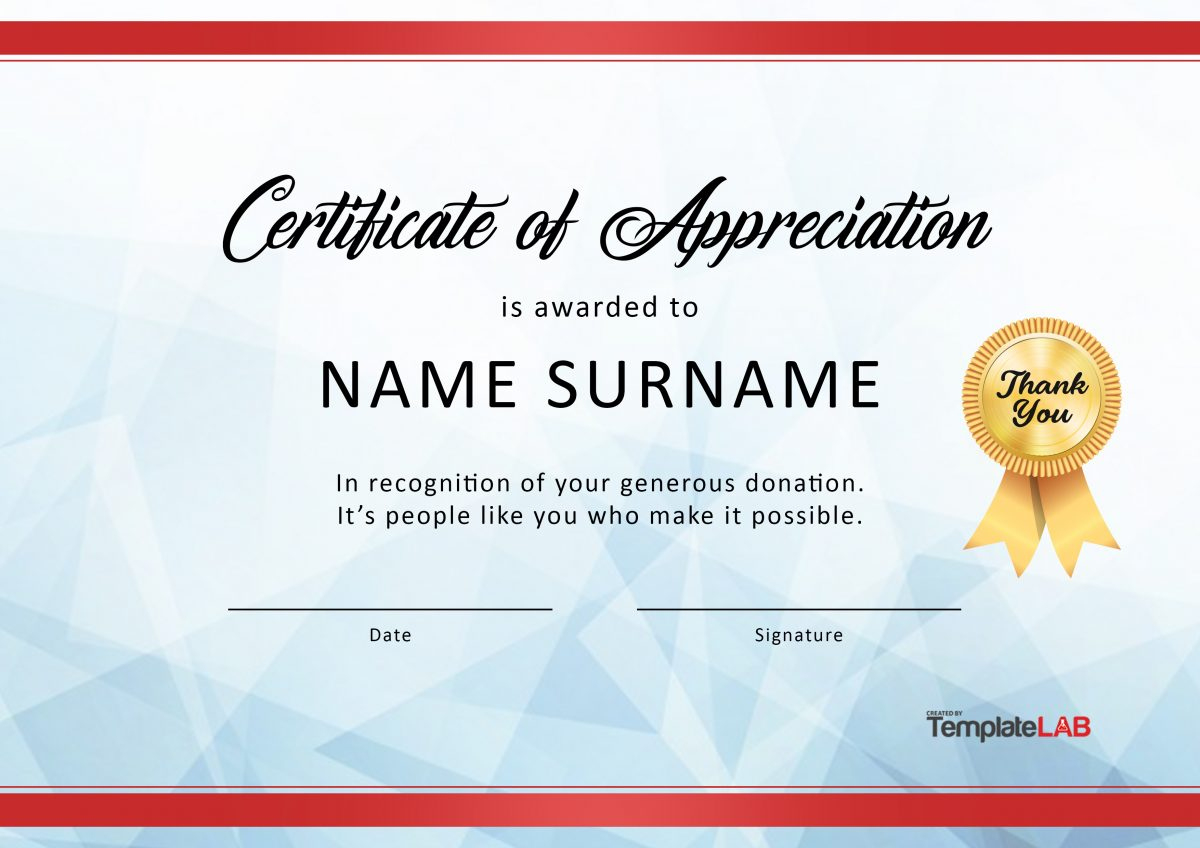26 Free Certificate Of Appreciation Templates And Letters within Thanks Certificate Template