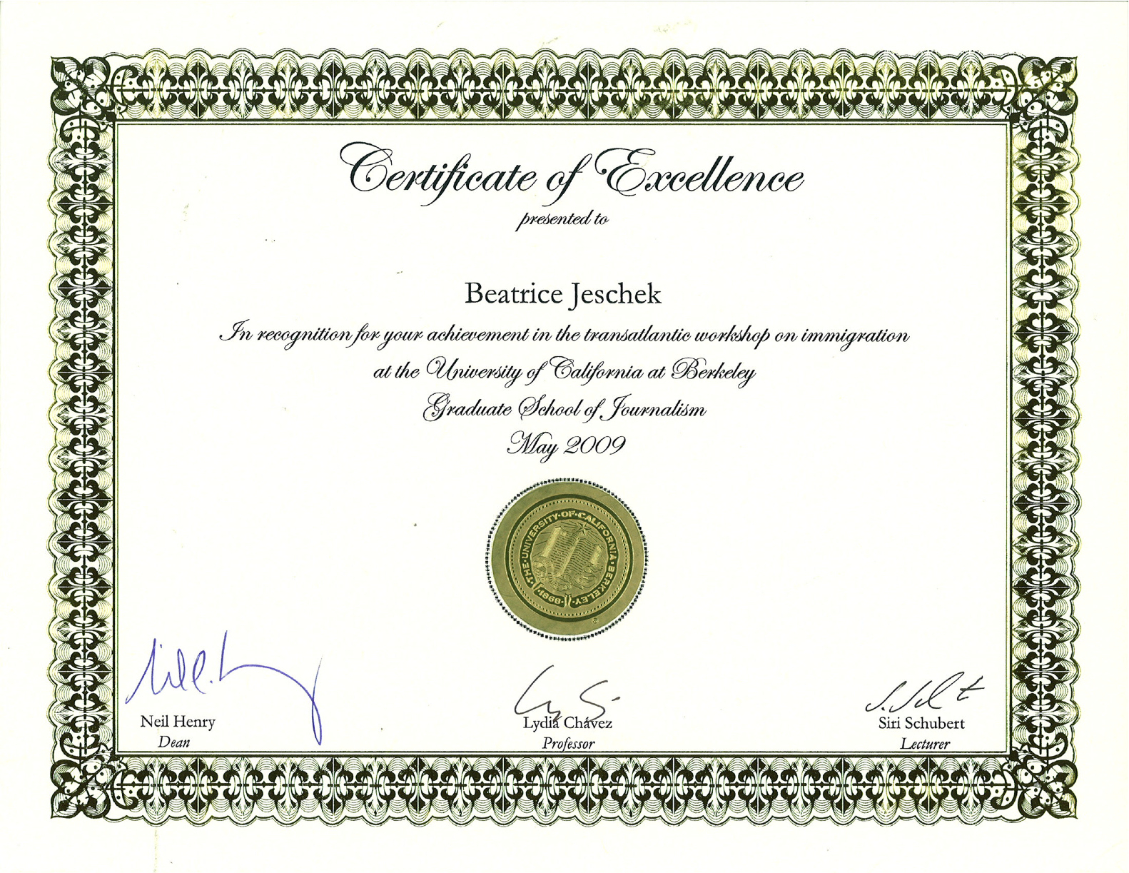 Beatrice Barnwell (Jeschek): Berkeley Certificate Of Excellence intended for Academic Excellence Certificate