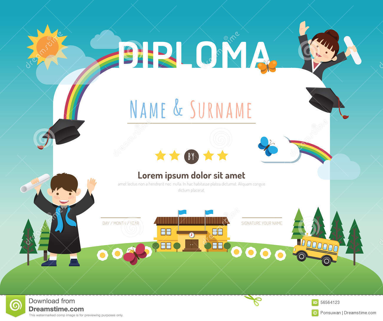 Certificate Kids Diploma, Kindergarten Template Layout Backgroun Stock with Art Award Certificate Free Download 7 Concepts