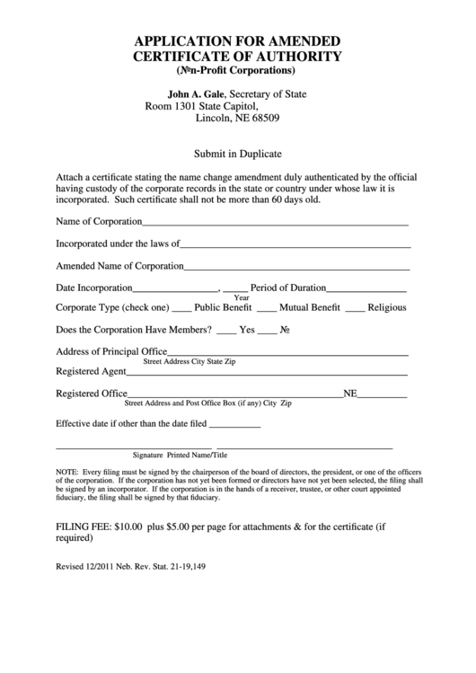Fillable Amended Certificate Of Authority Application Form - Secretary regarding Certificate Of Authorization Template