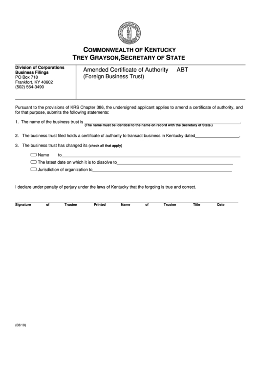 Fillable Amended Certificate Of Authority Form - Commonwealth Of in Certificate Of Authorization Template