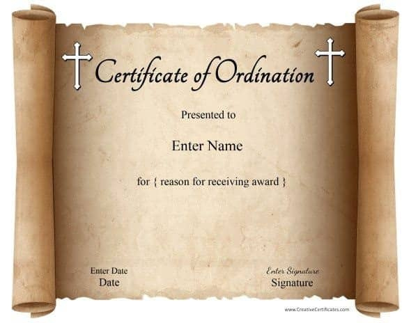 Free Printable Ordination Certificate Template | Customizable pertaining to Fascinating Certificate Of Ordination Template