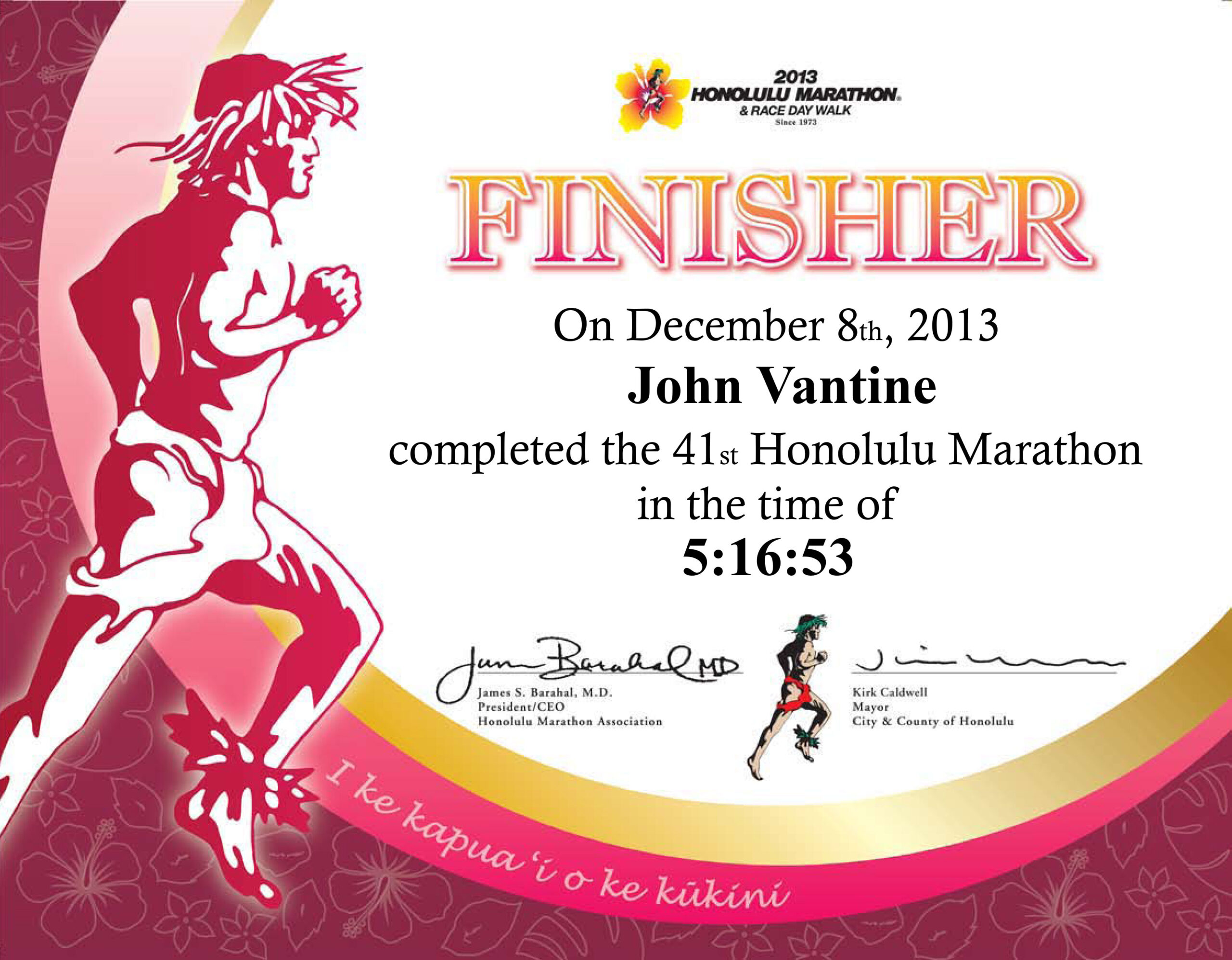 My First Marathon: Honolulu 2013 | Johnvantine for 5K Race Certificate Templates