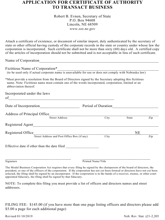 Nebraska Application For Certificate Of Authority To Transact Business regarding Fresh Certificate Authority Templates