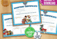 Paw Patrol Adoption Certificate Instant Download Custom intended for Puppy Birth Certificate Free Printable 8 Ideas