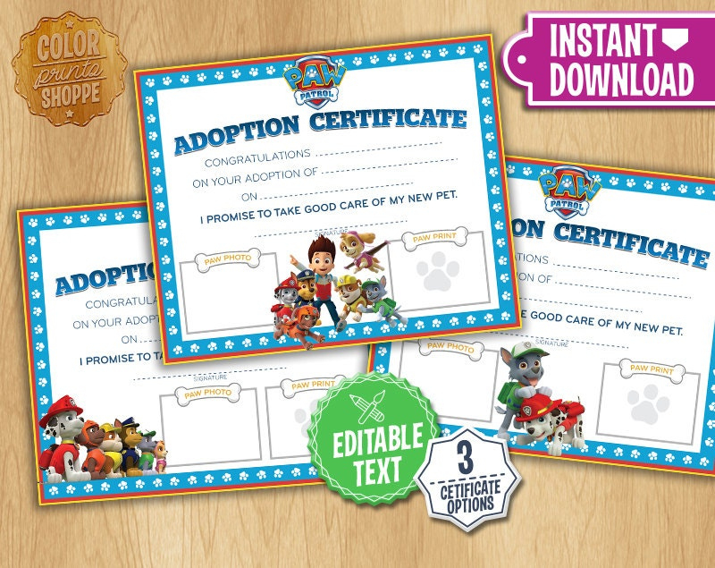 Paw Patrol Adoption Certificate Instant Download Custom intended for Puppy Birth Certificate Free Printable 8 Ideas