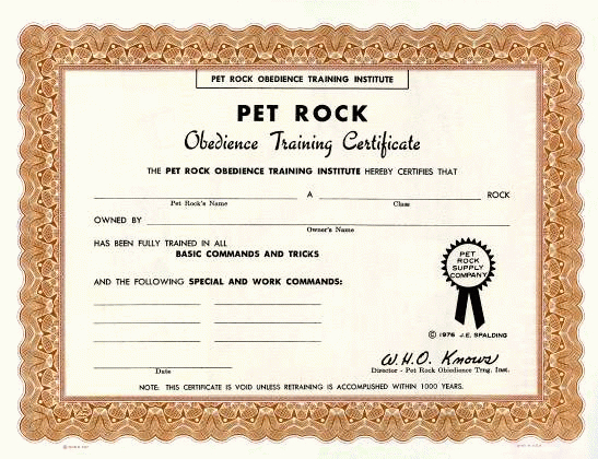 Pet Rock Obedience Training Certificate - 1976 inside Dog Obedience Certificate Template