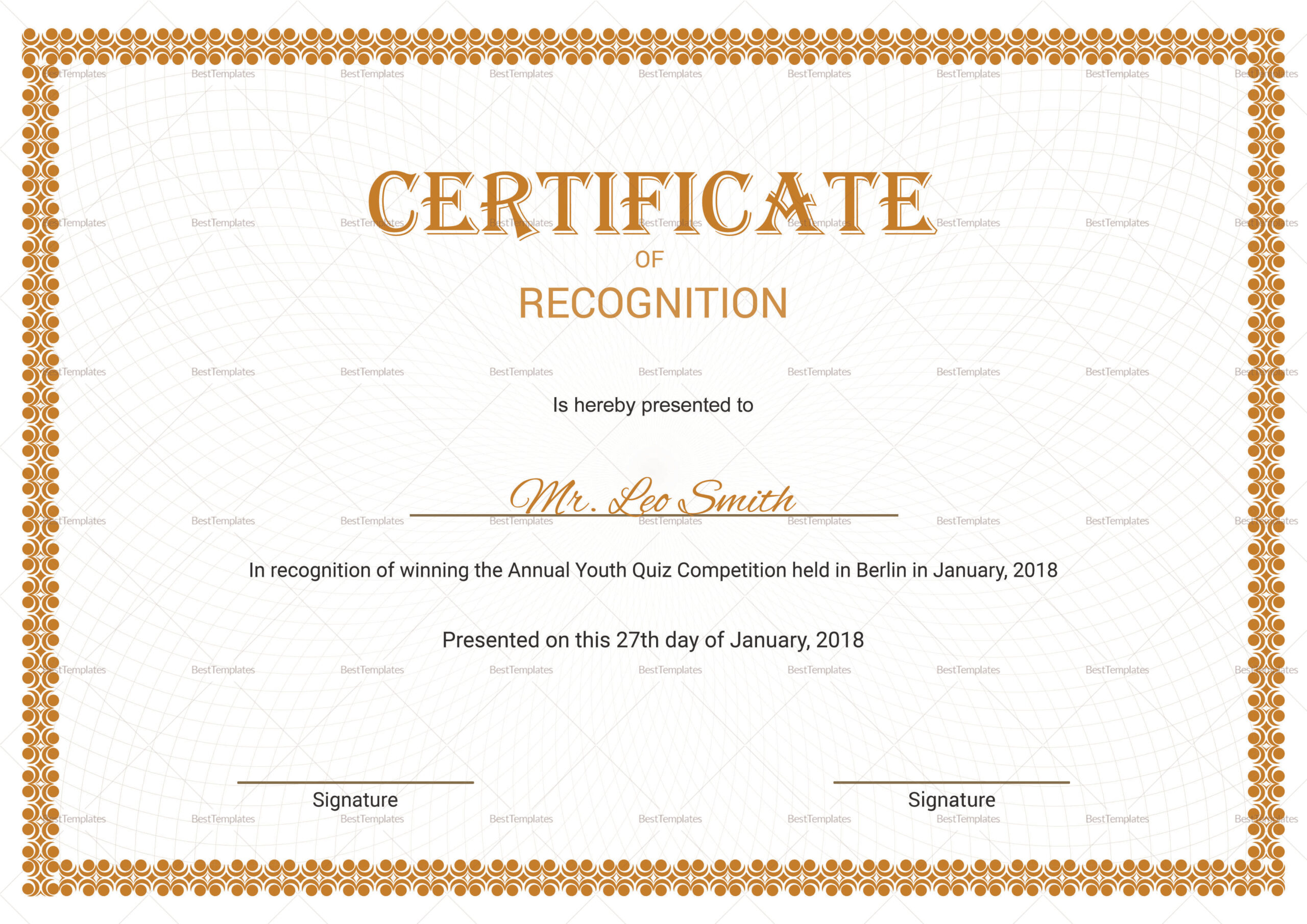 Recognition Certificate Design Template In Psd, Word inside Fascinating Certificate Of Recognition Template Word