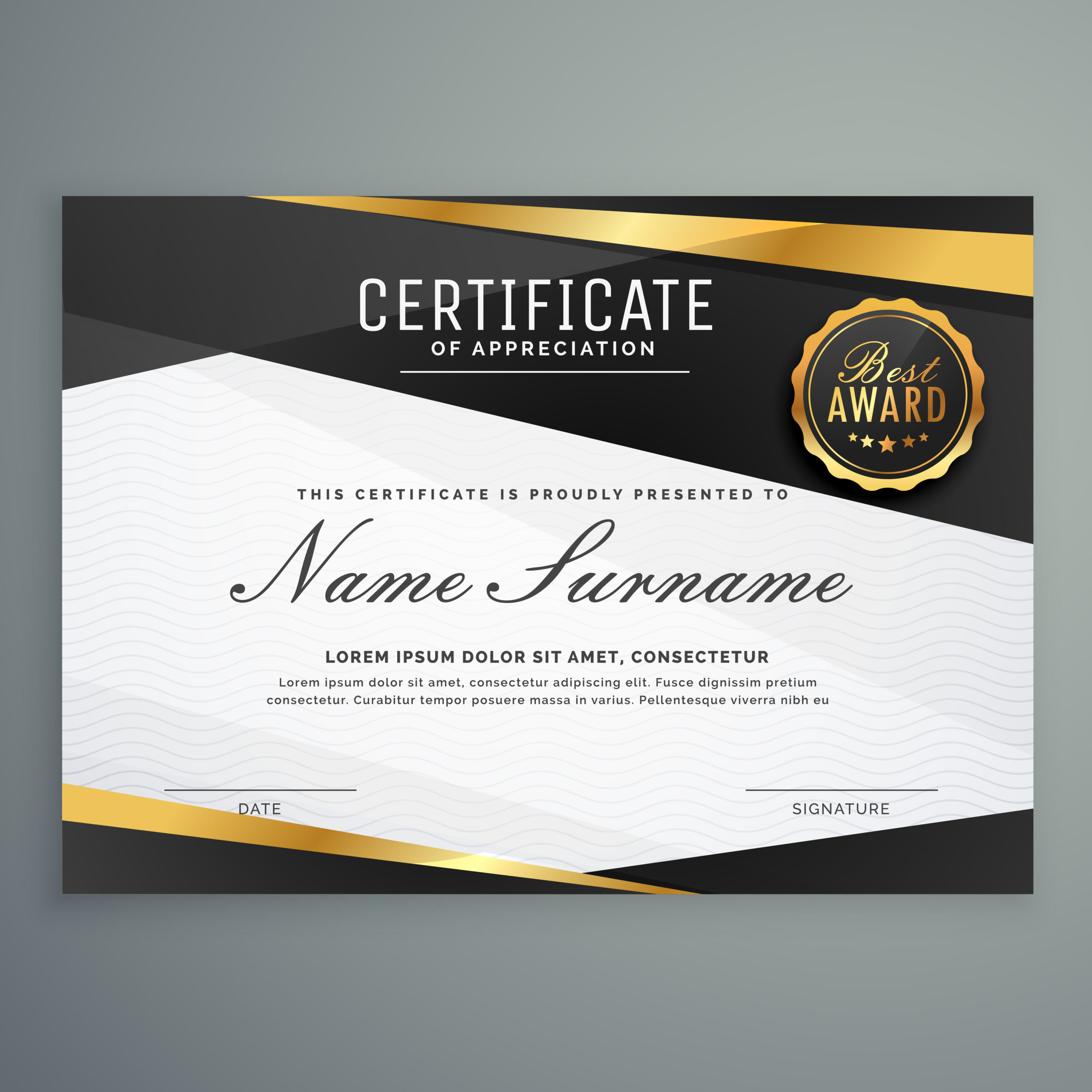 Stylish Certificate Of Appreciation Award Template In Black And intended for Fresh Thanks Certificate Template