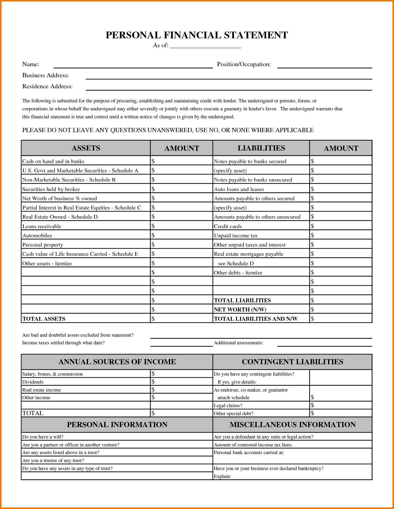 10 Fillable Personal Financial Statement | Payment Format Throughout intended for Personal Investment Policy Statement Template