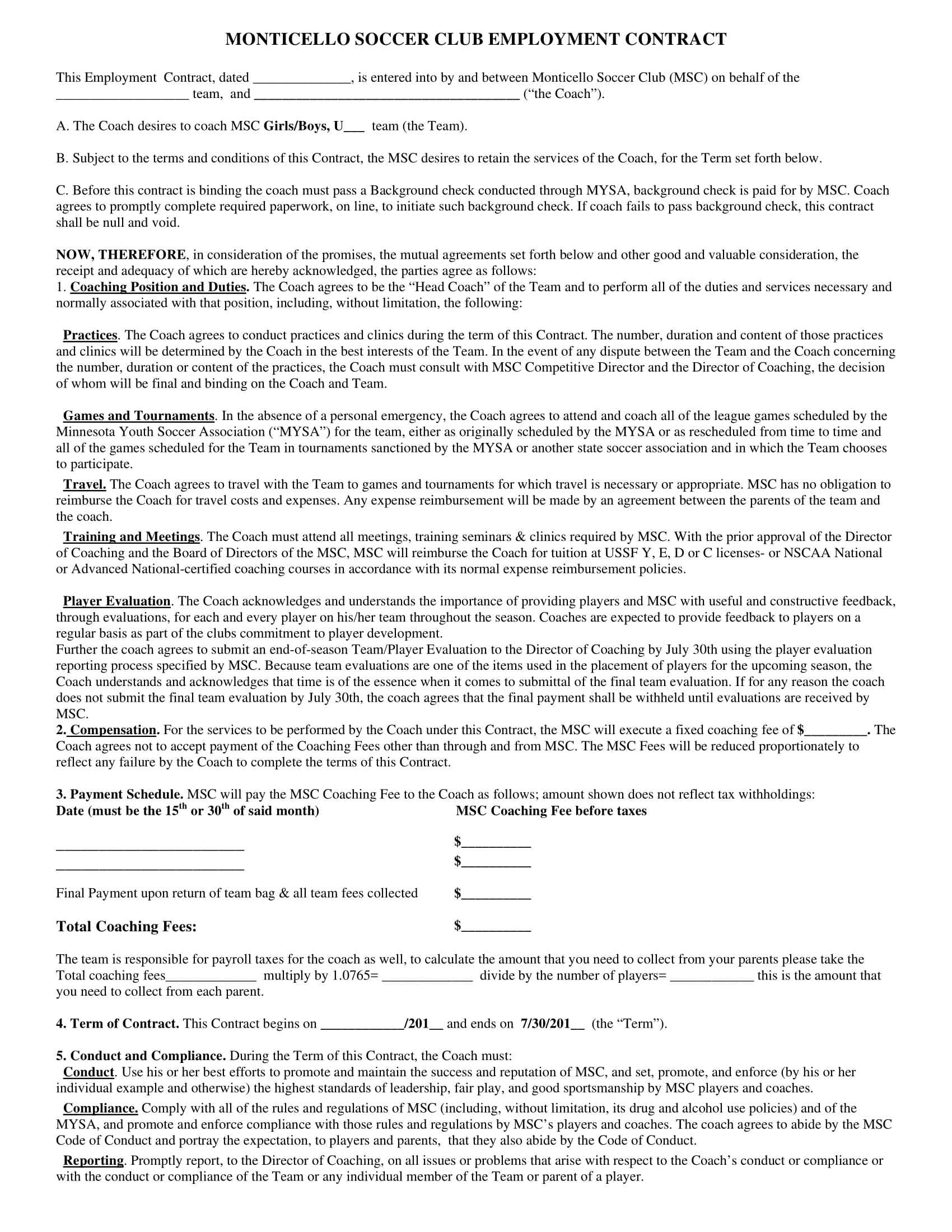 13+ Sports Coach Contract Example Templates - Docs, Word | Examples with regard to Fascinating One Year Employment Contract Template
