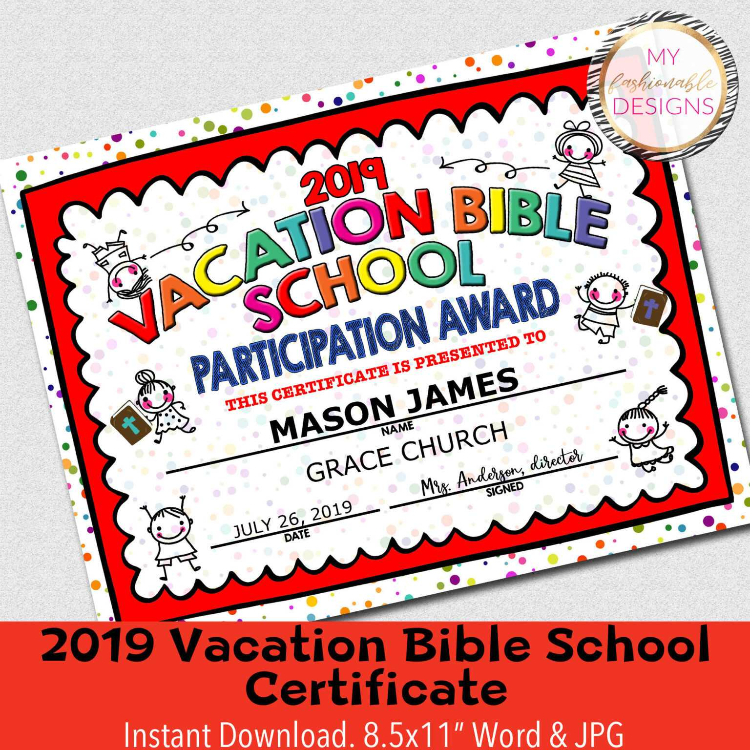 2019 Vbs Certificate, Vacation Bible School, Instant Download - 8.5X11 with Lifeway Vbs Certificate Template