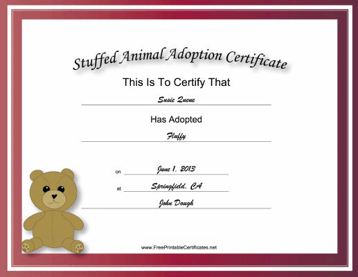 Adoption Certificate Stuffed Animal Bear Academic Certificate Printable throughout Fantastic Stuffed Animal Adoption Certificate Template Free