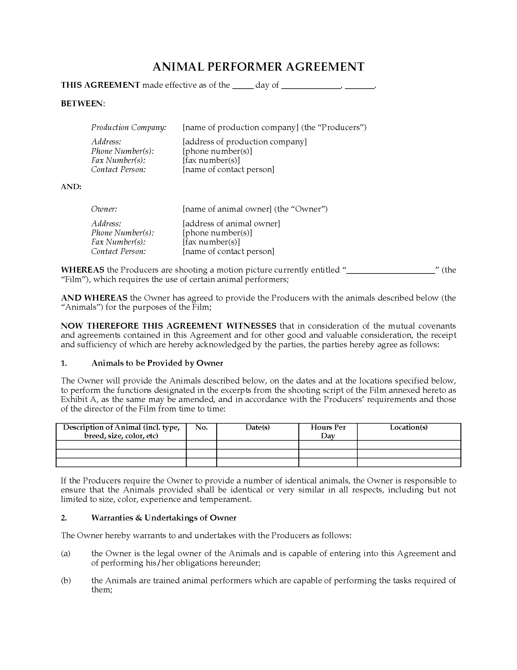 Animal Performer Agreement For Film And Tv | Legal Forms And Business in Fantastic Horse Training Contract Template