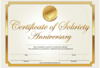 Anniversary Gold Certificate Of Sobriety Template Download Printable inside Certificate Of Sobriety Template Free