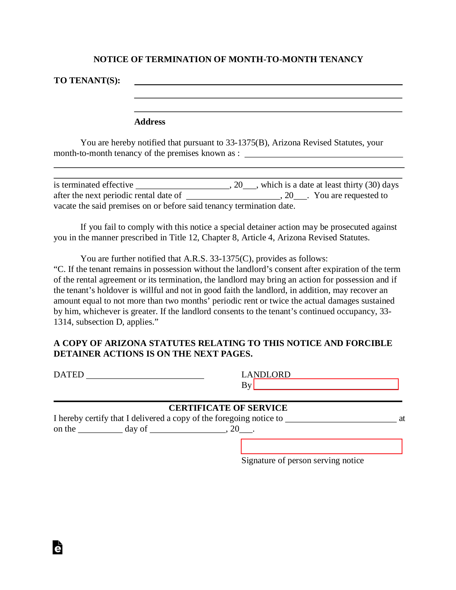 Arizona Lease Termination Letter Template | 30-Day Notice - Eforms in Free 30 Day Notice Contract Termination Letter Template