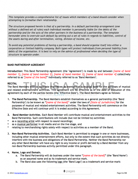 Band Agreement Template for Music Lessons Contract Template