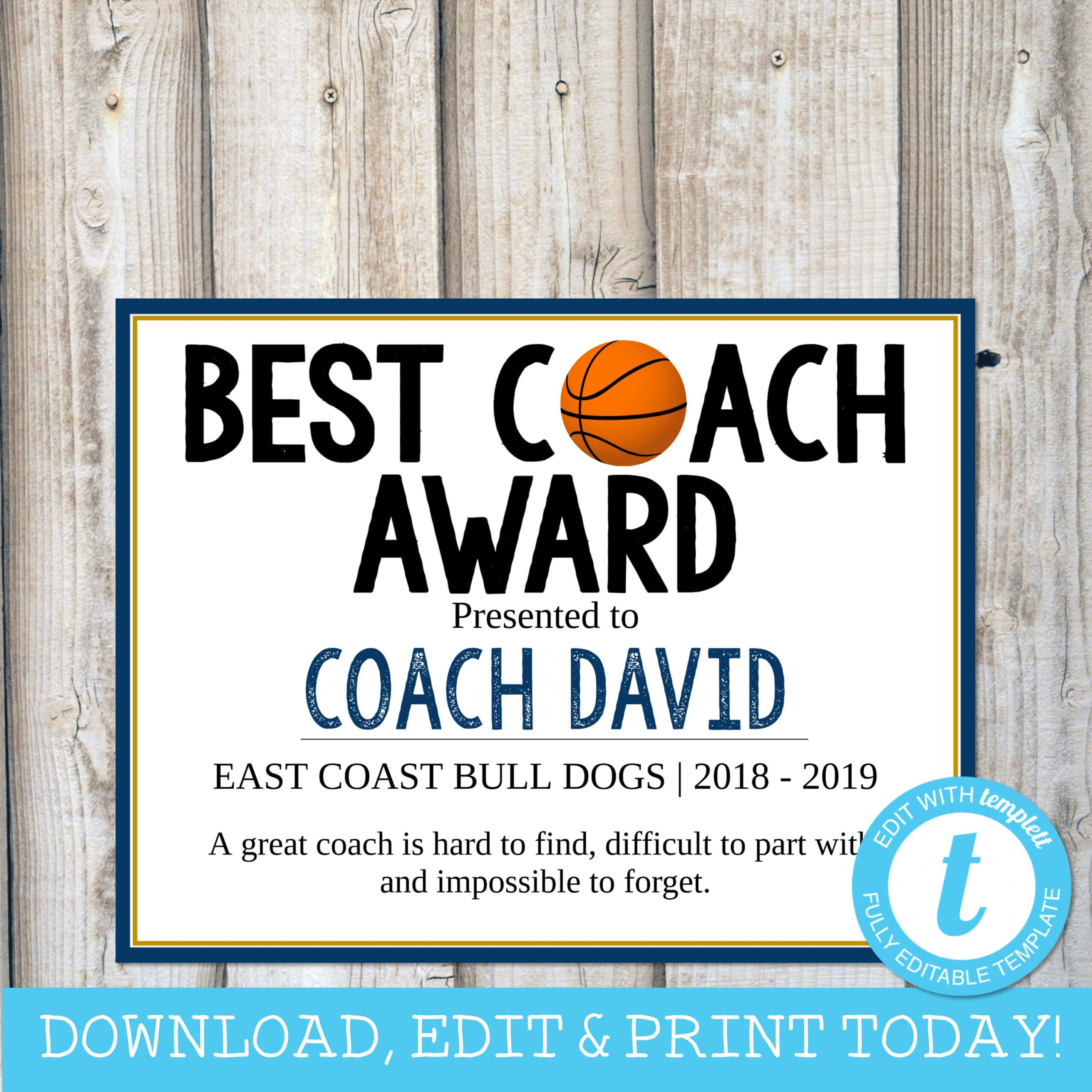 Basketball Coach Gift Team Gift Best Coach Award Coach Team | Etsy regarding Best Coach Certificate Template
