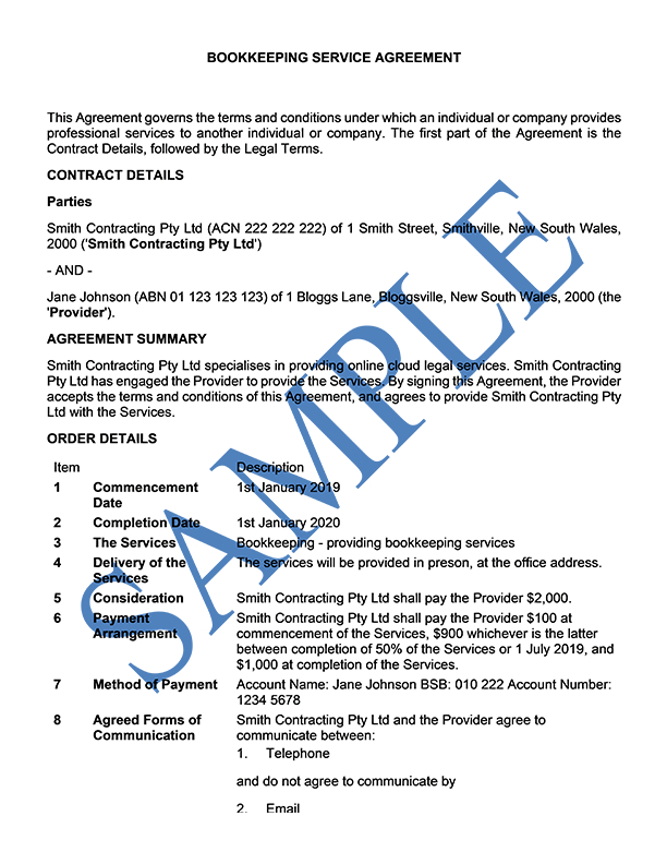 Bookkeeping Service Agreement - Free Template | Sample - Lawpath inside New Accounting Services Contract Template