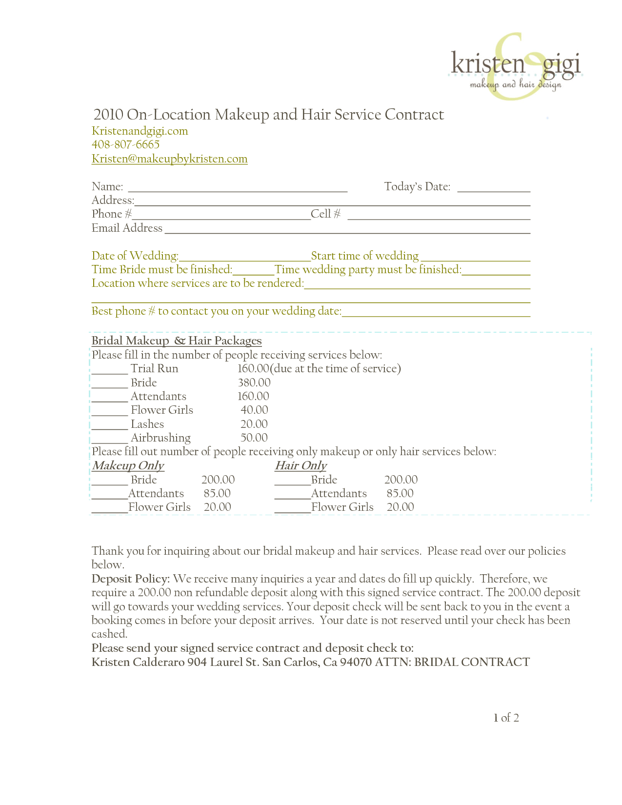 Bridalhaircotract | 2010 On Location Makeup And Hair Service Contract regarding Amazing Salon Employee Contract Template
