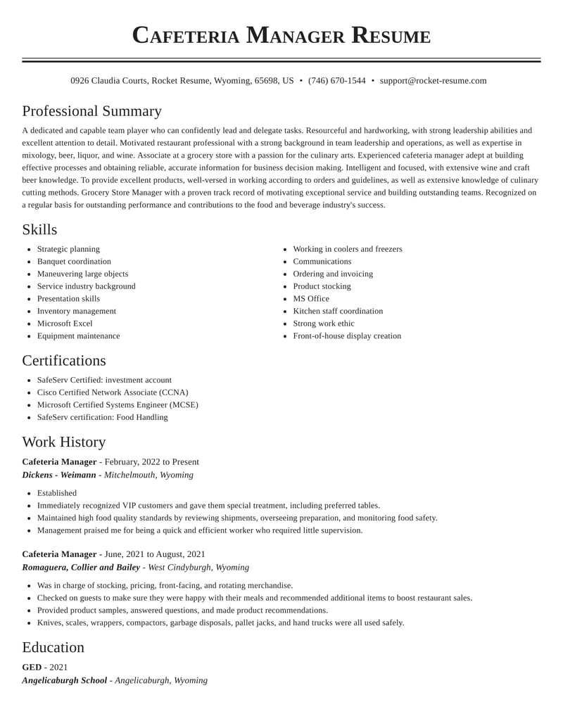 Cafeteria Manager Resumes | Rocket Resume within Bar Manager Contract Template