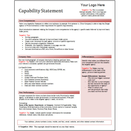 Capability Statement Editable Template - Red - Targetgov Targetgov with Capability Statement Template For Government Contractors