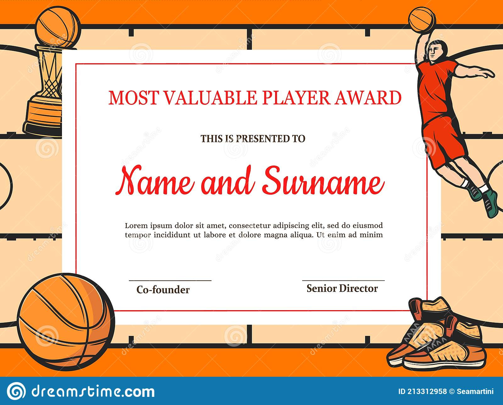 Certificate For Basketball Most Valuable Player Stock Vector throughout Awesome Basketball Achievement Certificate Templates