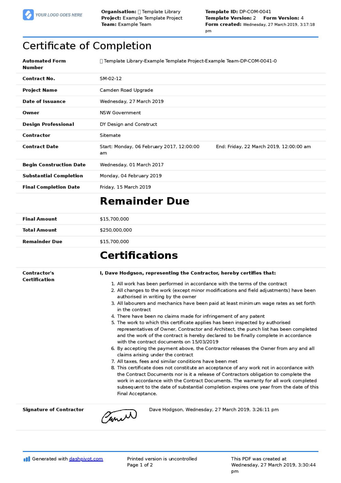 Certificate Of Completion For Construction (Free Template + Inside intended for Free Certificate Of Construction Completion