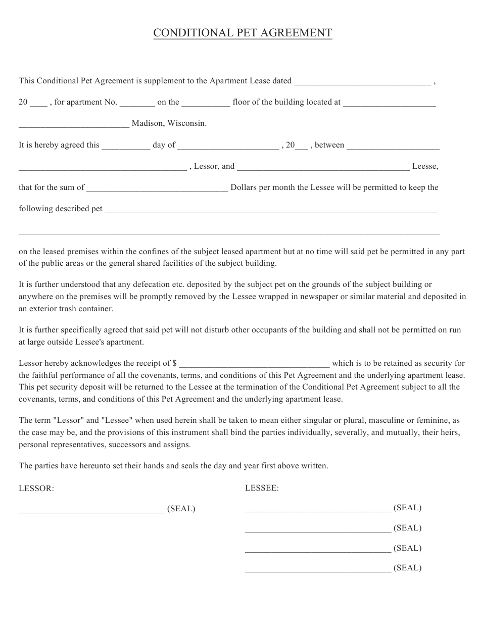 Conditional Pet Agreement Form Download Printable Pdf | Templateroller regarding Transfer Of Dog Ownership Contract Template