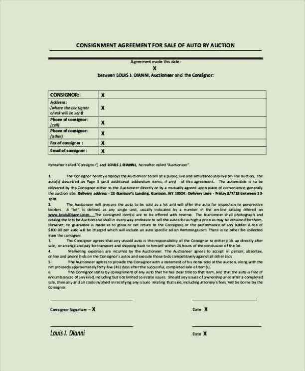 Consignment Agreement For Sale Of Autoauction - Sample Templates for Car Allowance Contract Template