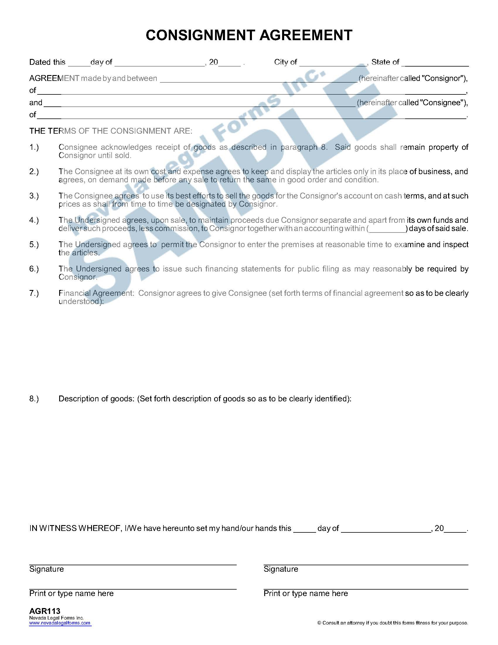 Consignment Agreement | Nevada Legal Forms &amp; Services for Fantastic Horse Adoption Contract Template