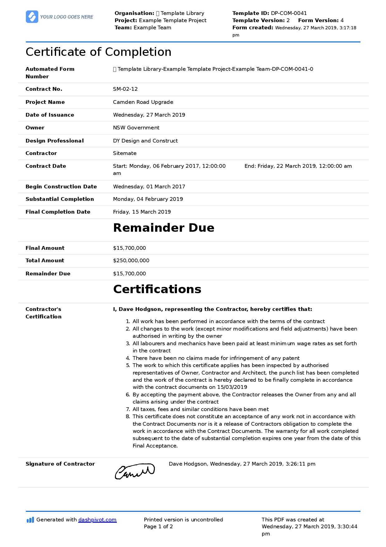 Construction Certificate Of Completion Template - Best Business Templates inside Awesome Certificate Of Completion Template Construction