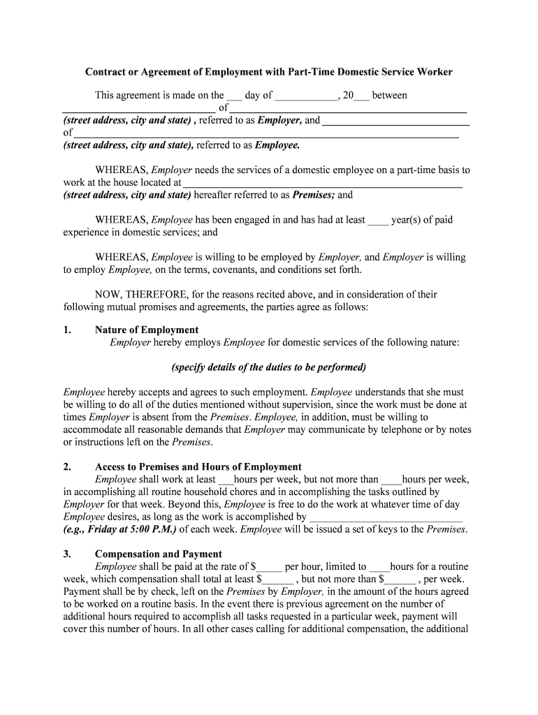 Contract Or Agreement Of Employment With Part Time Domestic Service pertaining to Domestic Worker Contract Template