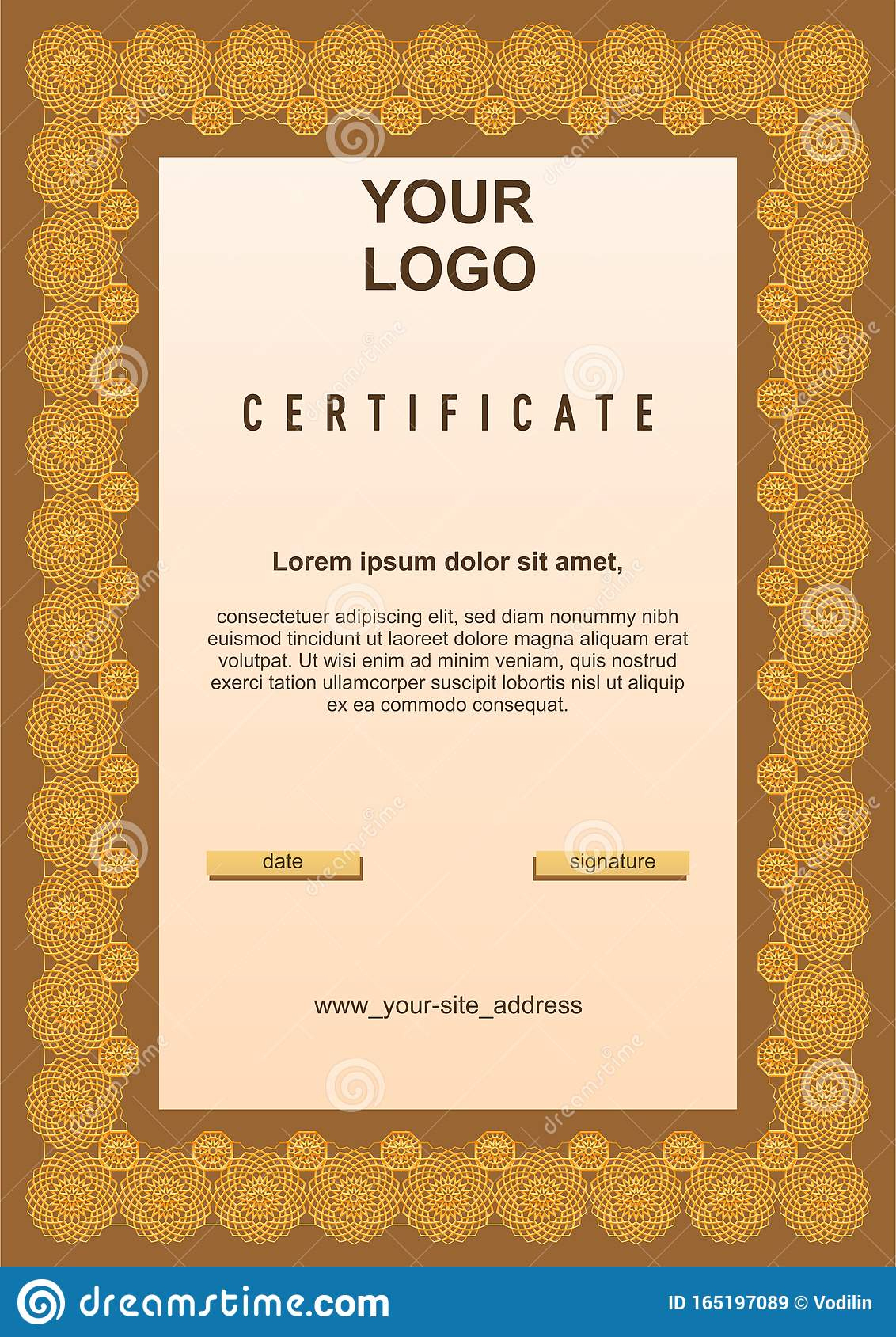 Diploma/Certificate Template With Floral/Geometric Spiral Golden pertaining to Simple Certificate Template Size