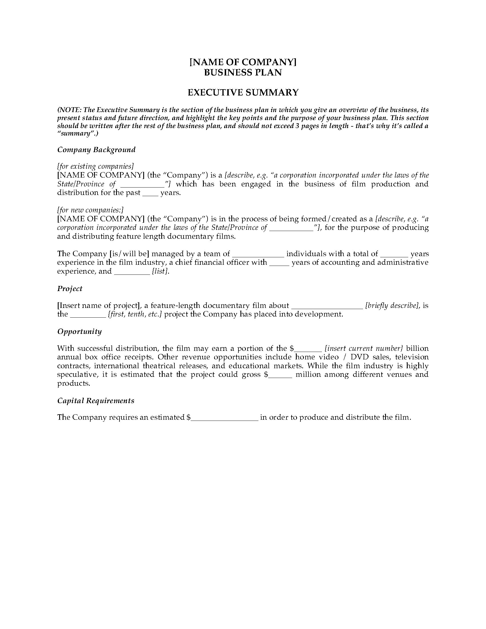 Documentary Film Business Plan | Legal Forms And Business Templates with regard to Documentary Film Contract Template