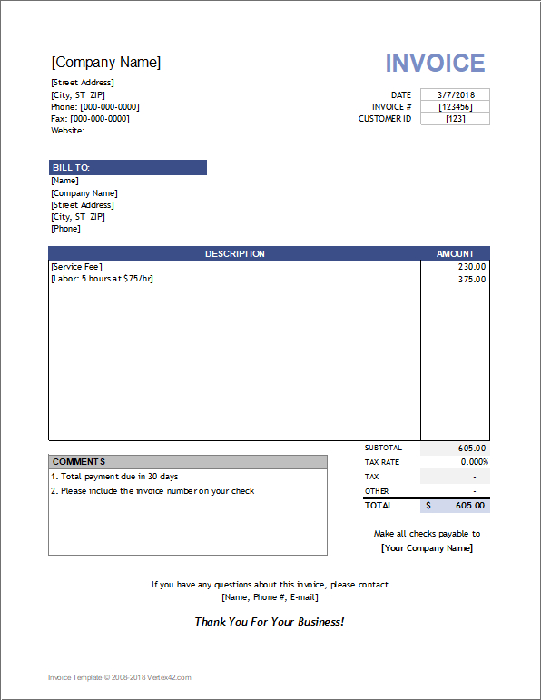Download The Service Invoice Template From Vertex42 | Invoice with regard to Statement Of Services Rendered Template