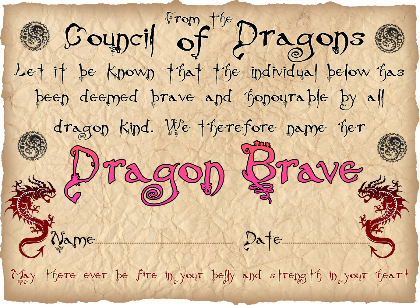 Dragon Bravery Certificate (Girl) | Rooftop Post Printables with Bravery Award Certificate Templates