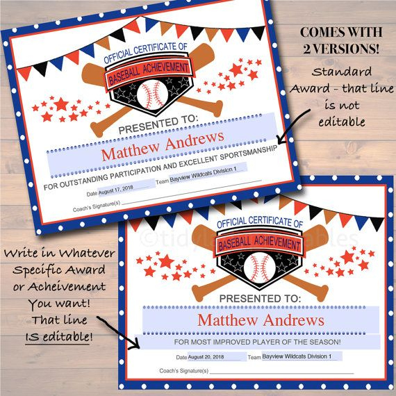 Editable Baseball Award Certificates, Instant Download For Baseball with Fantastic Baseball Achievement Certificate Templates