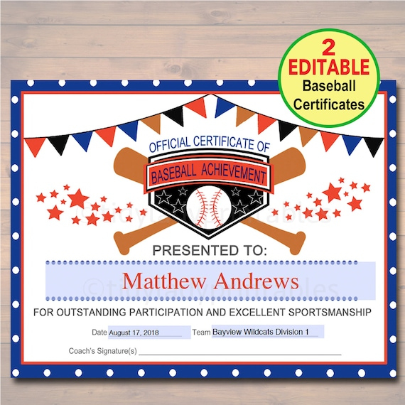 Editable Baseball Award Certificates Instant Download Team | Etsy regarding New Baseball Award Certificate Template