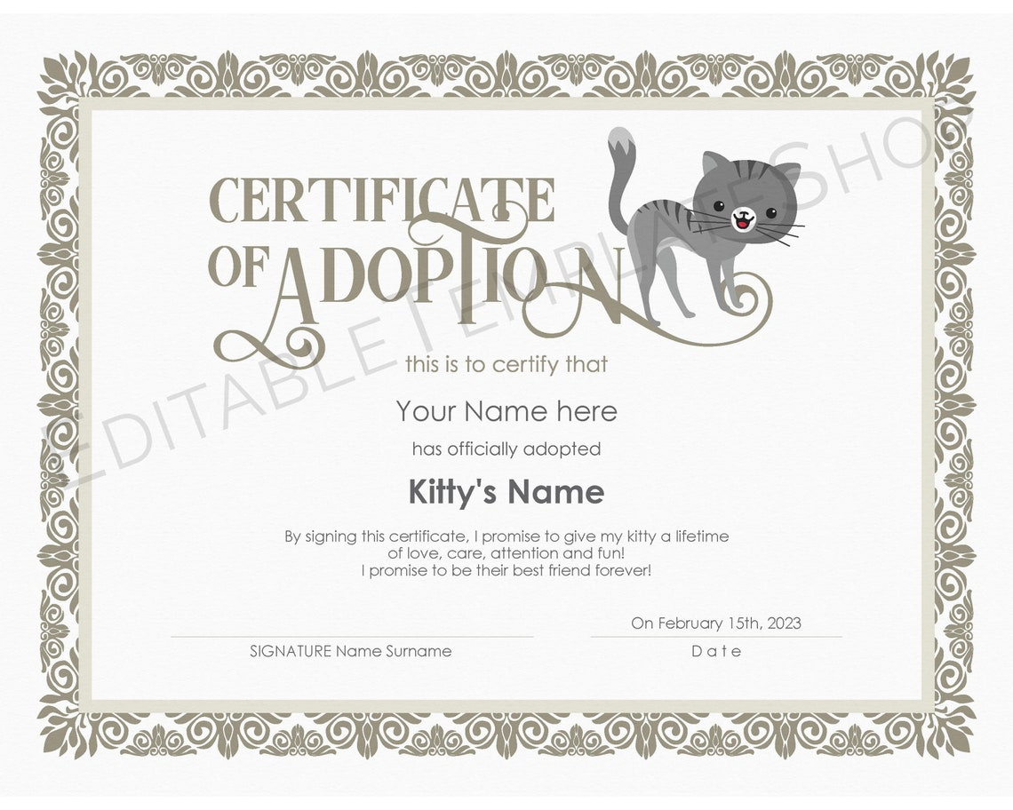 Editable Certificate Of Cat Adoption Template Printable Pet | Etsy in Cat Adoption Certificate Template
