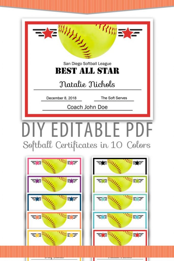Editable Pdf Sports Team Softball Certificate Award Template | Etsy for Fresh Softball Award Certificate Template