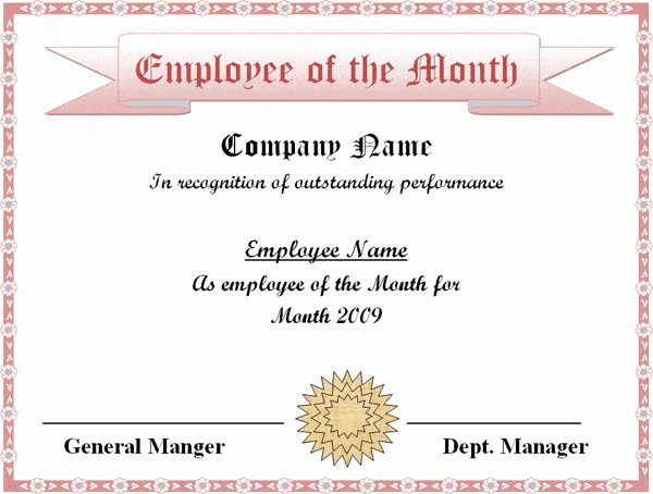 Employee Of The Month Certificate Template - Excel Xlts in Employee Of The Month Certificate Template