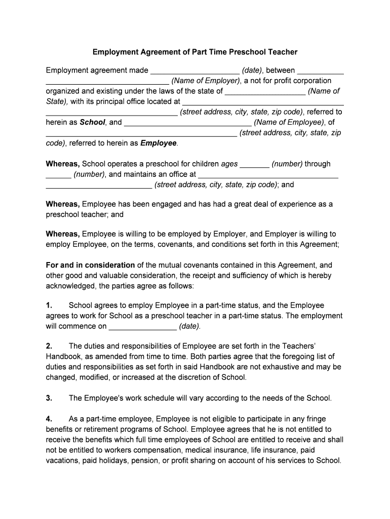 Employment Agreement Of Part Time Preschool Teacher Form - Fill Out And in Preschool Teacher Contract Template