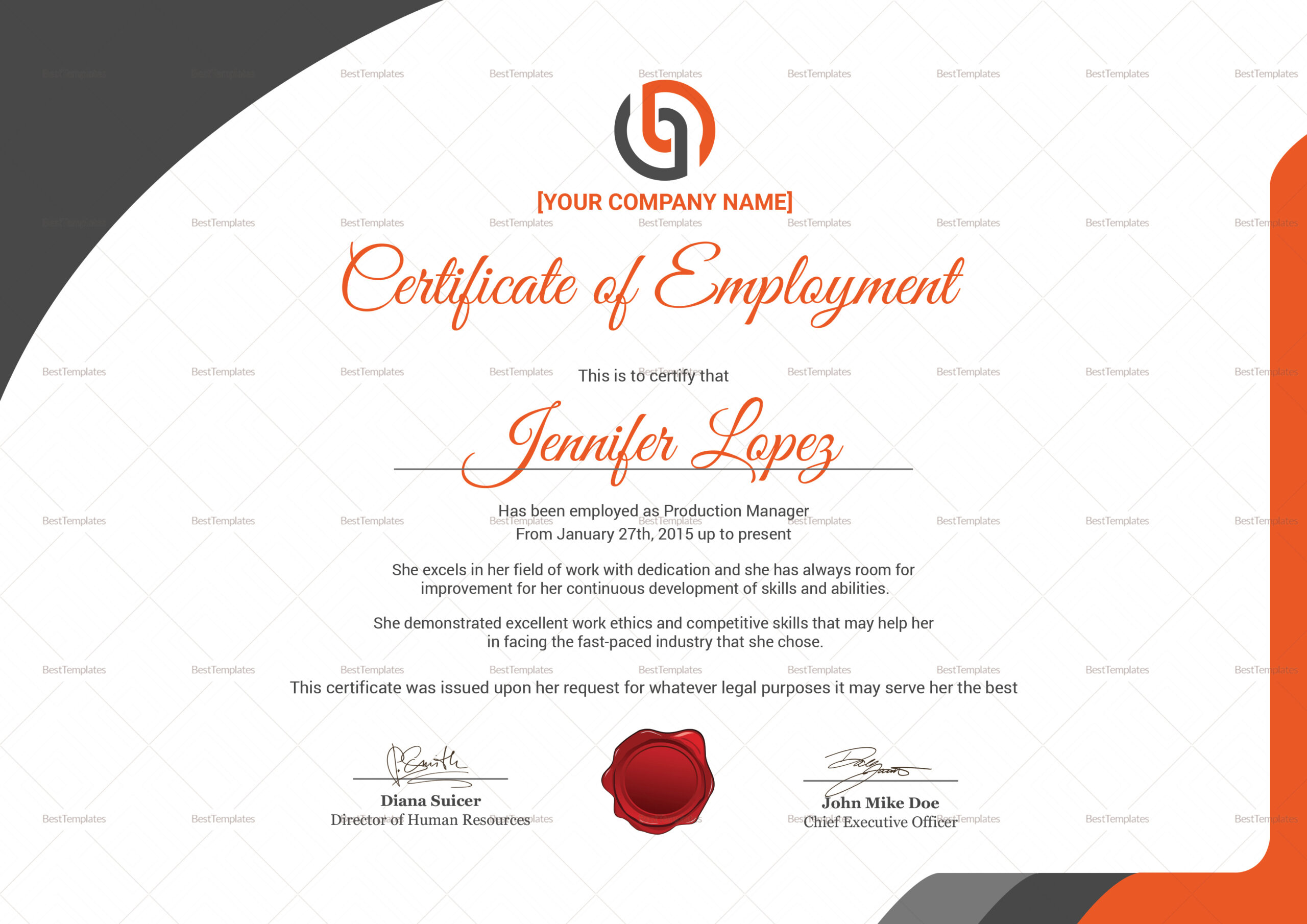 Excellency Employment Certificate Design Template In Psd, Word throughout Awesome Certificate Of Employment Template