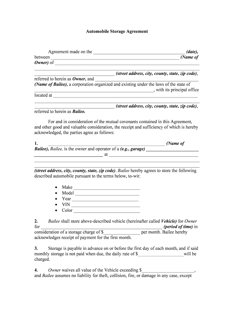 Fill, Edit And Print Automobile Storage Agreement Form Online | Sellmyforms with regard to Fresh Car Allowance Contract Template