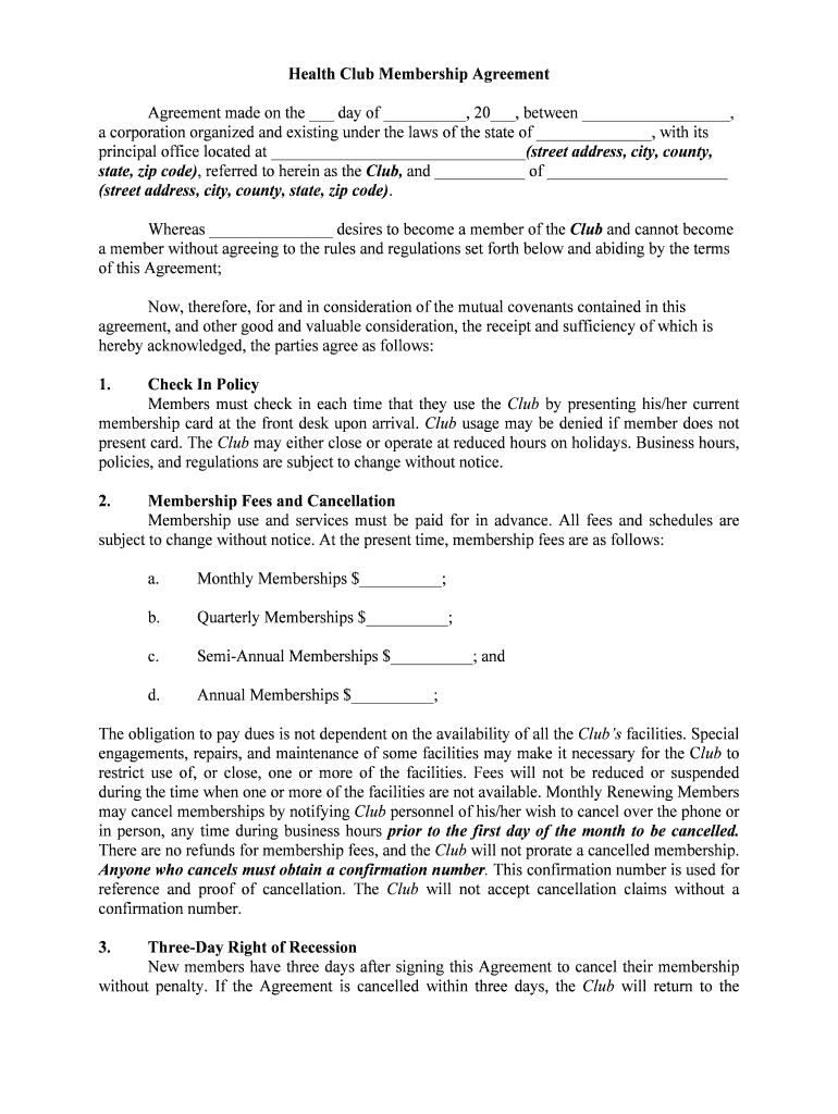 Fill, Edit And Print Health Club Or Gym Membership Agreement Form in Gym Membership Contract Agreement