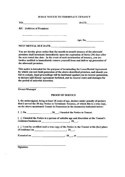 Fillable 30 Day Notice To Terminate Tenancy Printable Pdf Download intended for Free 30 Day Notice Contract Termination Letter Template
