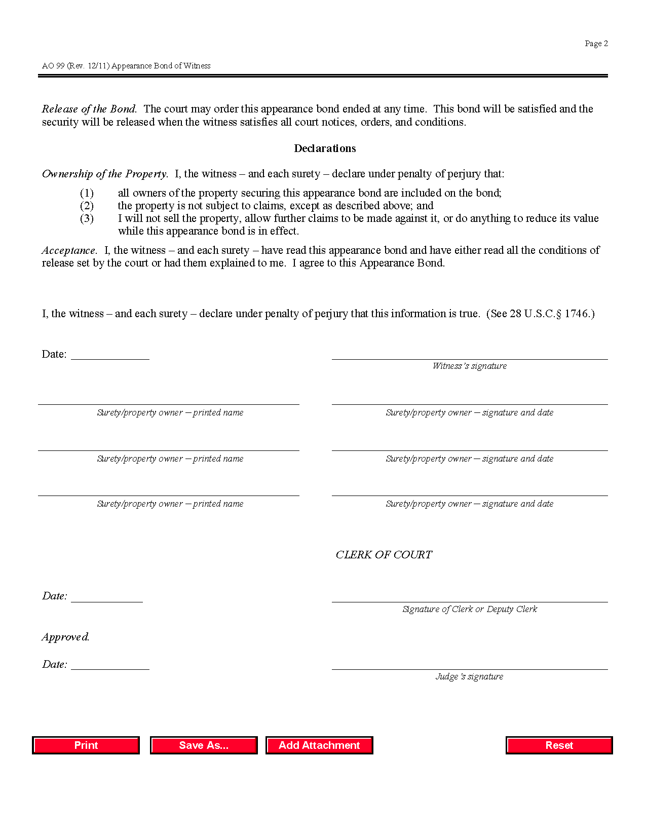 Form Ao 099 Appearance Bond Of Witness throughout Personal Appearance Contract Template