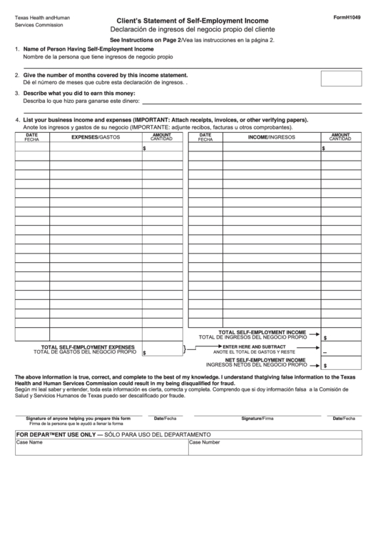 Form H1049 - Client'S Statement Of Self-Employment Income Printable Pdf throughout Self Employment Income Statement Template