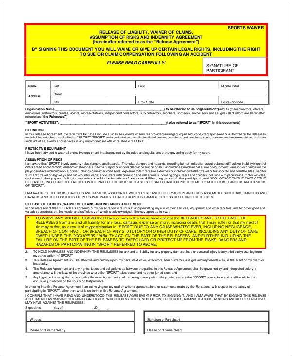 Free 10+ Sample Liability Waiver Forms In Ms Word | Pdf with regard to Amazing Student Athlete Contract Template